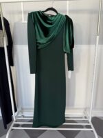 Vestido midi con drapeado de terciopelo – Verde botella / Azul marino